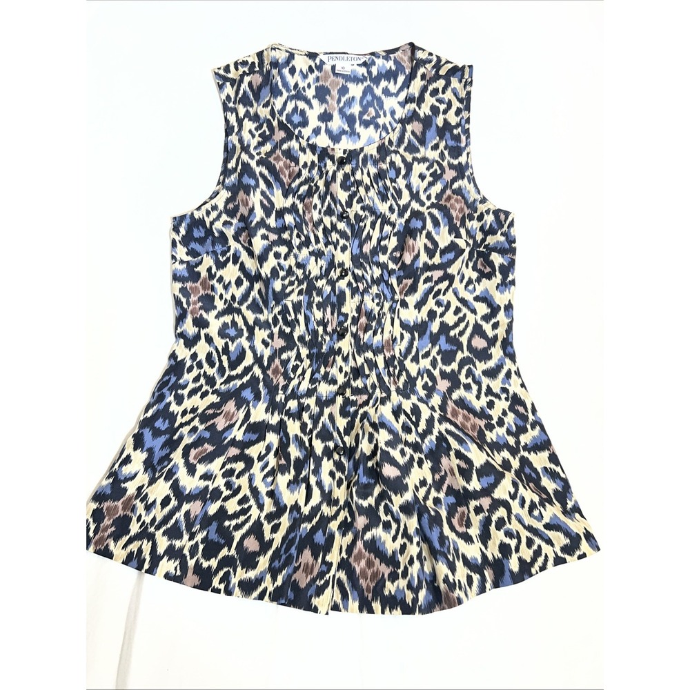 Pendleton Womens Blue Tan Leopard Print 100% Silk Pleated Sleeveless Blouse 10